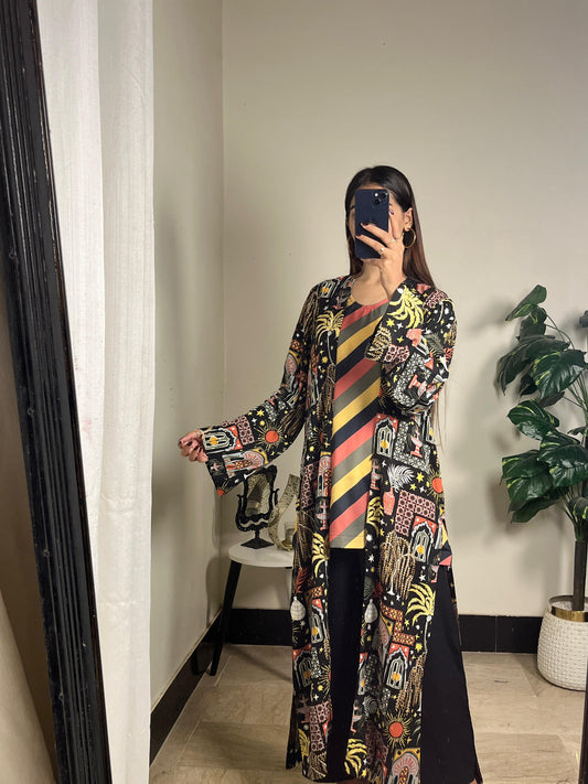 Linen Luxe Printed Gown Suit (Black)