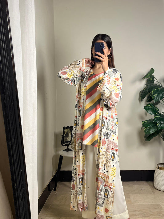 Linen Luxe Printed Gown Suit (White)